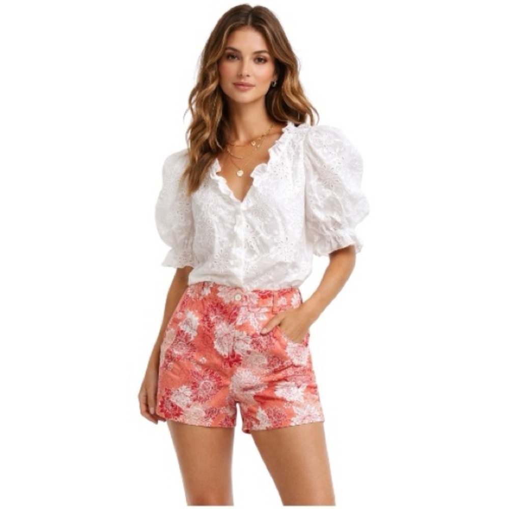 Isaac Mizrahi Mid Rise Shorts Tailored Dressy Summer Floral Coral Pink White 10 - Picture 2 of 8